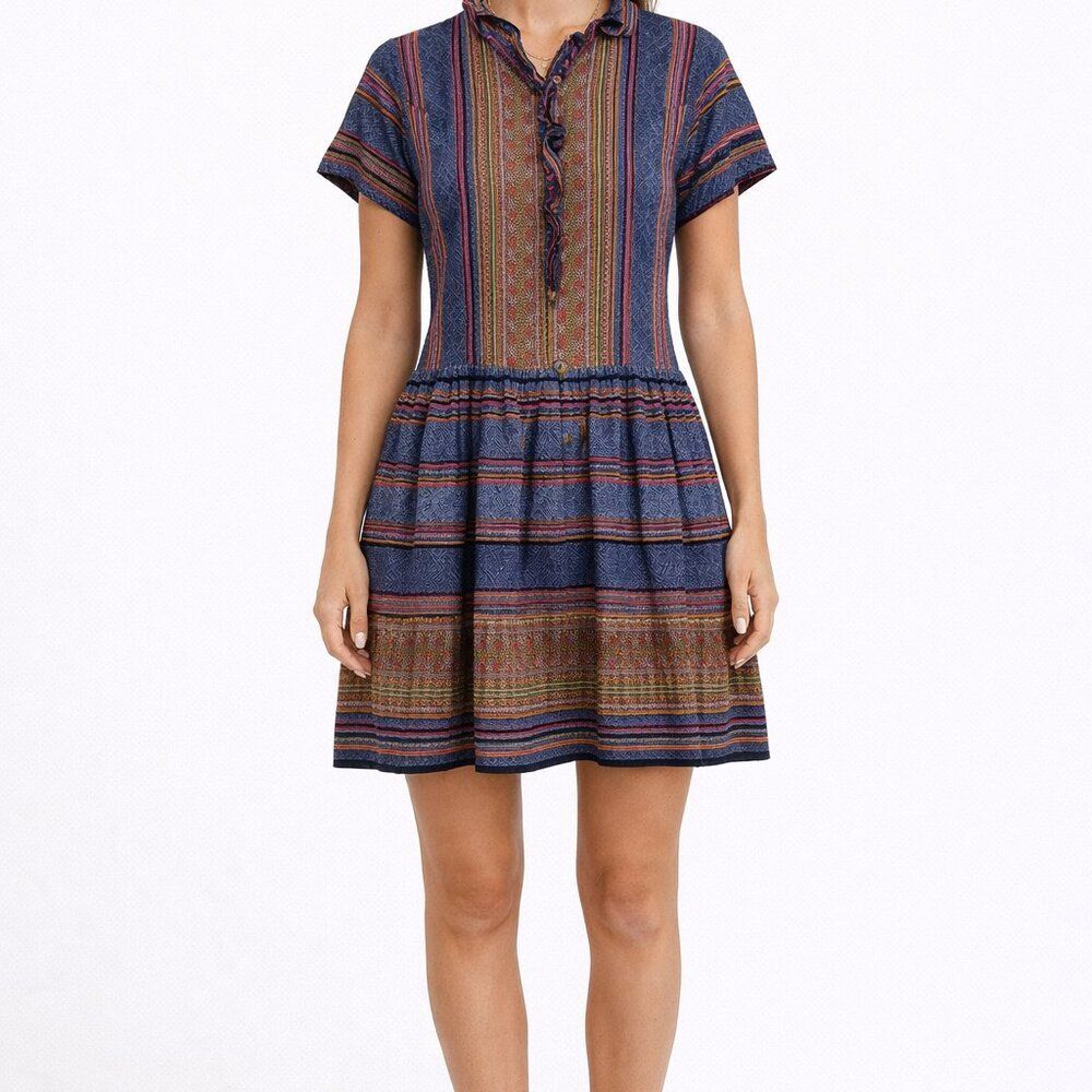 Boho Tribal Stripe Mini Dress Multicolor Folk Print Short Sleeve Festival Size L